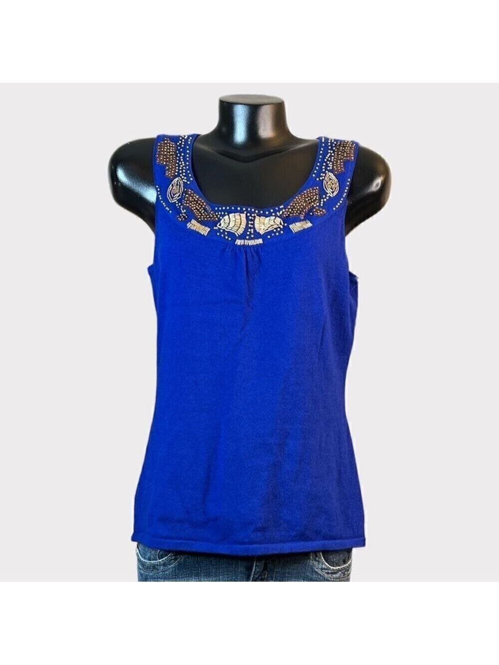 Cable & Gauge Large Sleeveless Knit Top Embellished Neckline Blue Gold Stretchy